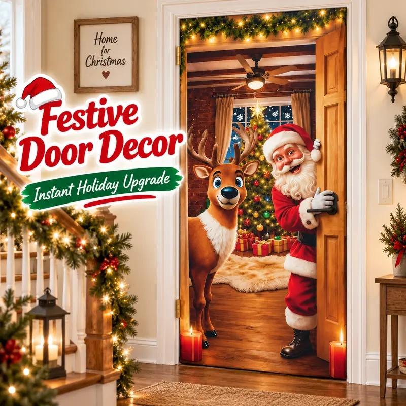 Santa & Reindeer Christmas Door Cover