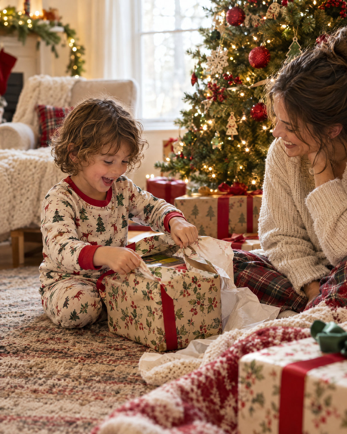 A child opening a gift by the Christmas tree